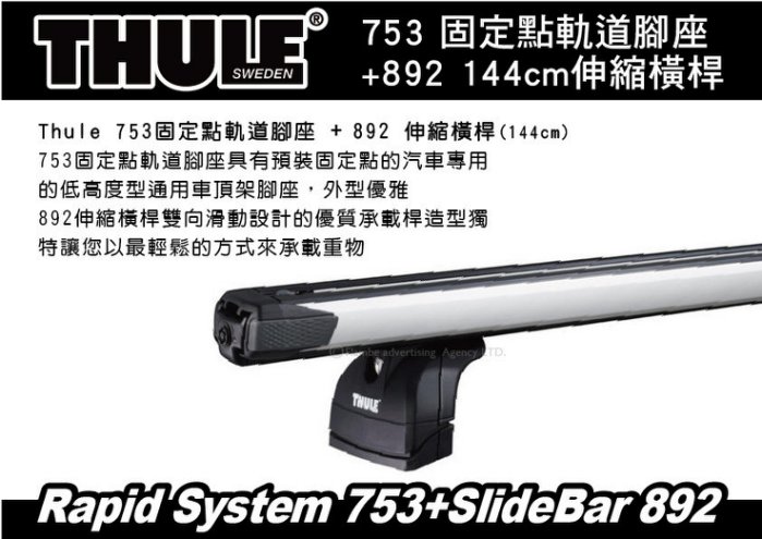 THULE 753 固定點軌道腳座+892 144公分伸縮橫桿+專用KIT 車頂架 橫桿 行李架